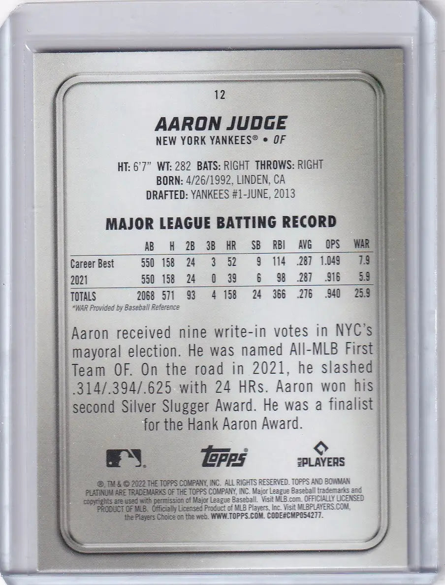2022 Bowman Platinum #12 Aaron Judge - New York Yankees