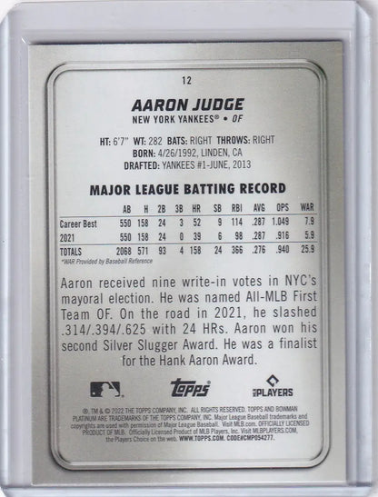2022 Bowman Platinum #12 Aaron Judge - New York Yankees