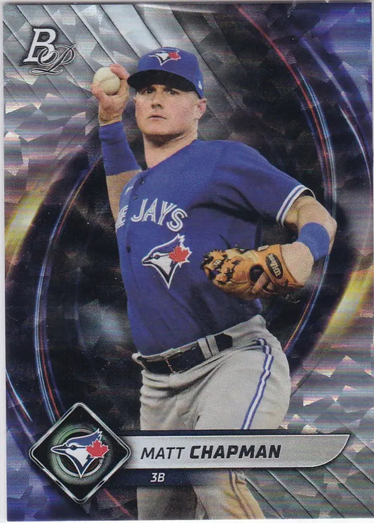 Matt Chapman Toronto Blue Jays baseball card in throwing pose from 2022 Bowman Platinum