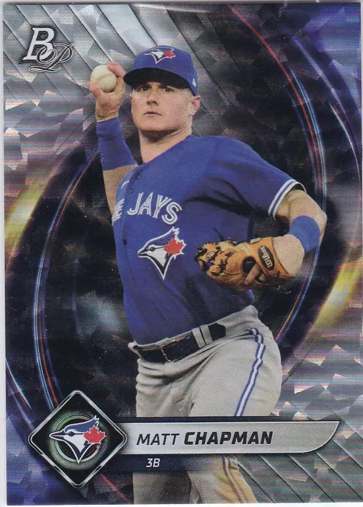 Matt Chapman Toronto Blue Jays baseball card in throwing pose from 2022 Bowman Platinum
