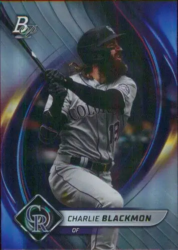 Baseball card featuring Charlie Blackmon in Rockies uniform from Bowman Platinum original gloss