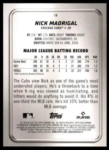 2022 Bowman Platinum Nick Madrigal baseball card with original gloss featuring Cubs ID 51744