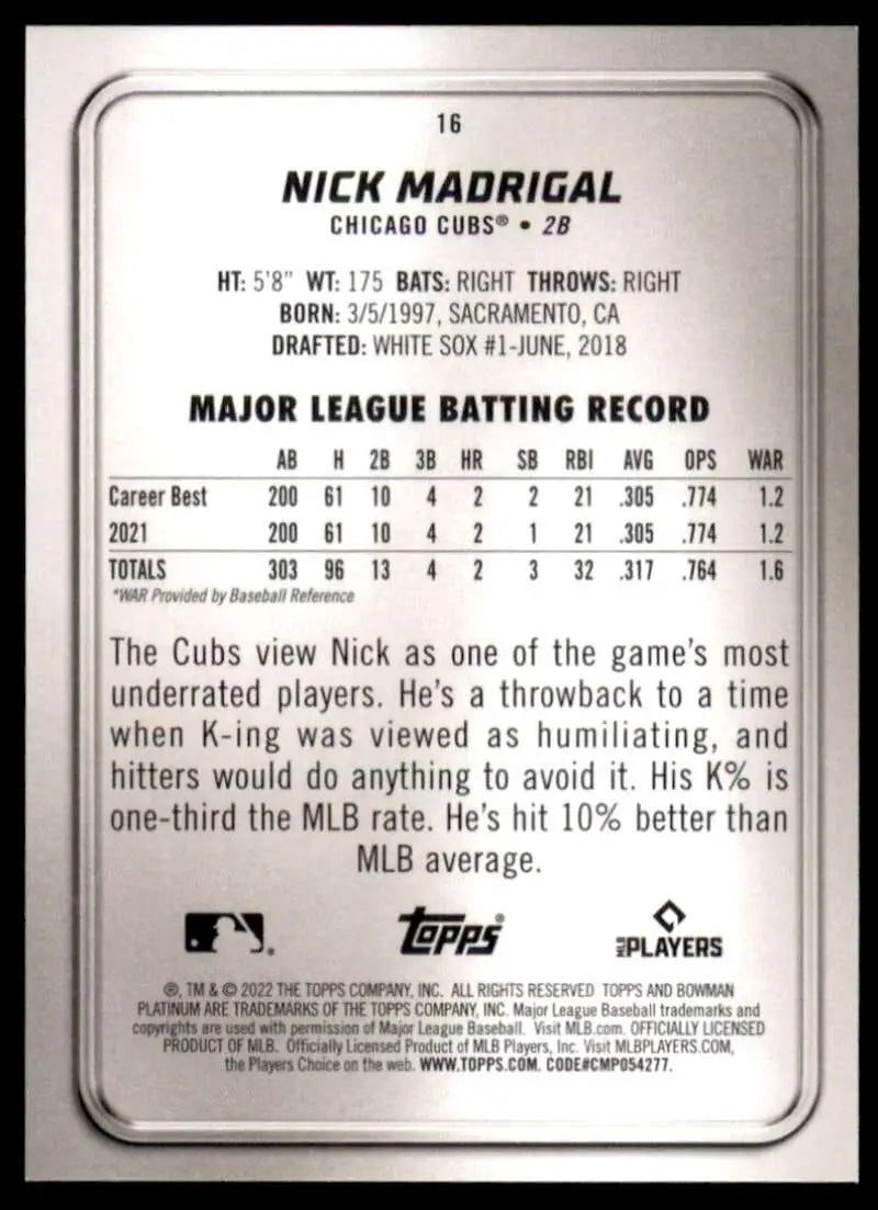 Baseball card back featuring original gloss of 2022 Bowman Platinum Nick Madrigal Cubs