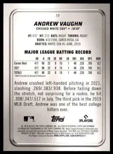 2022 Bowman Platinum #17 Andrew Vaughn NM-MT White Sox ID:51758 - Baseball Card Single