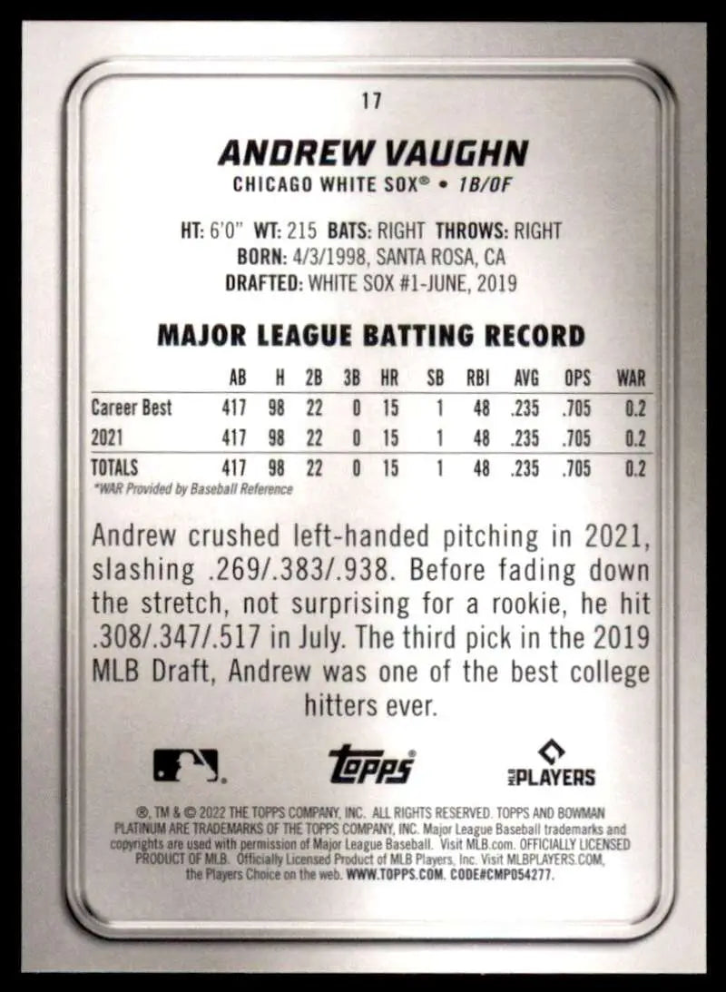 Original gloss Bowman Platinum Andrew Vaughn baseball card 2022 NM Near Mint White Sox