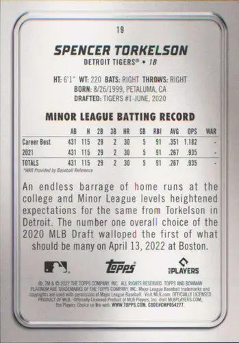 2022 Bowman Platinum #19 Spencer Torkelson NM-MT RC Rookie Tigers ID:51728 - Baseball Card Single