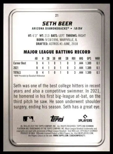 Original gloss Bowman Platinum Seth Beer baseball card 2022 Rookie Diamondbacks ID 56277