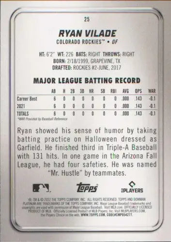 2022 Bowman Platinum Ryan Vilade baseball card with original gloss, rookie Rockies