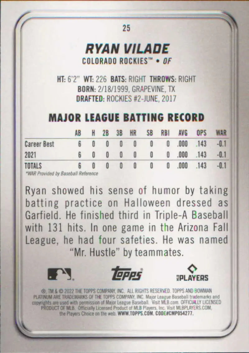 2022 Bowman Platinum #25 Ryan Vilade NM Near Mint RC Rookie Rockies ID:66724 - Baseball Card Single