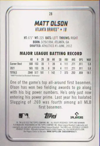 Original gloss Bowman Platinum Matt Olson baseball card in near mint condition