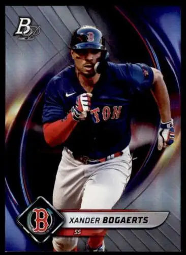 Baseball card of Xander Bogaerts in a navy jersey, 2022 Bowman Platinum original gloss