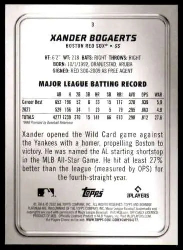 2022 Bowman Platinum Xander Bogaerts card showcasing MLB stats and original gloss finish