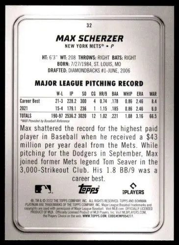 2022 Bowman Platinum Max Scherzer baseball card with original gloss Mets NM-MT