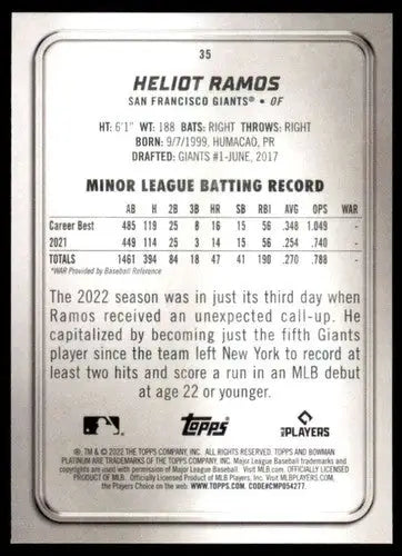 2022 Bowman Platinum Heliot Ramos rookie baseball card with player stats and original gloss