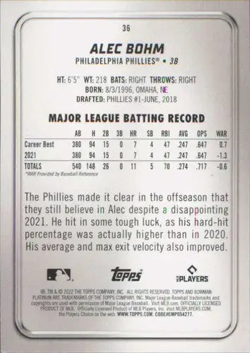 2022 Bowman Platinum #36 Alec Bohm NM-MT Phillies ID:51692 - Baseball Card Single