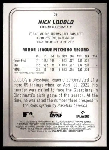 Baseball card back with original gloss from Bowman Platinum featuring Nick Lodolo rookie