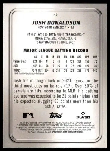 2022 Bowman Platinum #40 Josh Donaldson NM Near Mint Yankees ID:66893 - Baseball Card Single