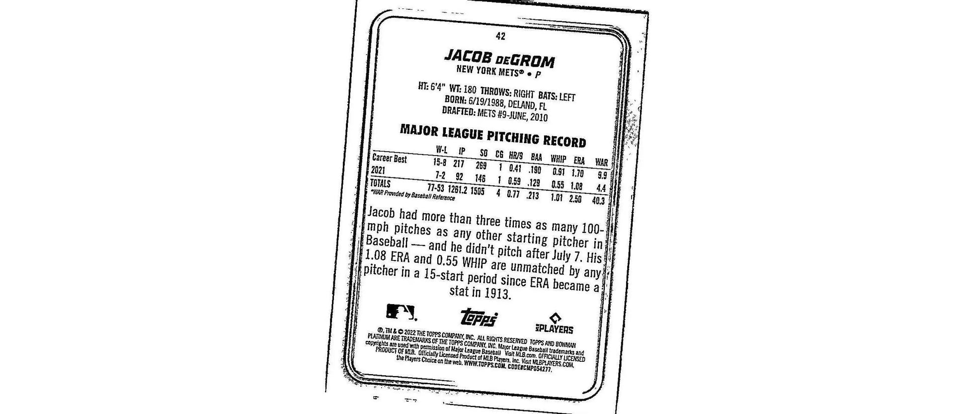 2022 Bowman Platinum Jacob deGrom Green card #42 limited to 99 copies