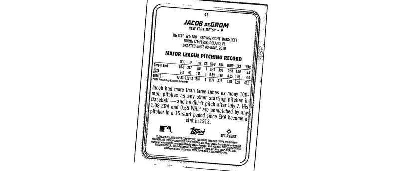 2022 Bowman Platinum Jacob deGrom Green card #42 limited to 99 copies