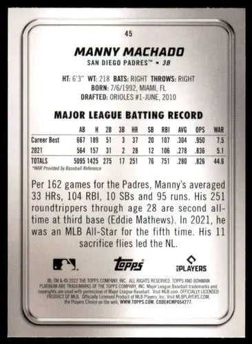2022 Bowman Platinum Manny Machado baseball card back with original gloss design