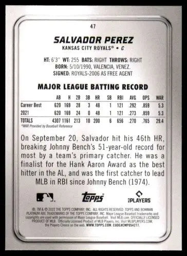Baseball card back from Bowman Platinum featuring Salvador Perez with original gloss