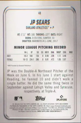 2022 Bowman Platinum JP Sears baseball card with original gloss, rookie Athletics ID 56279