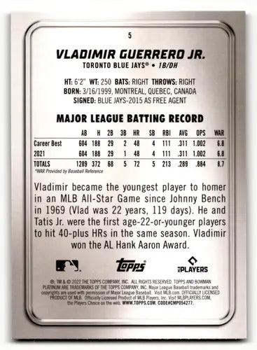 2022 Bowman Platinum #5 Vladimir Guerrero Jr. NM-MT Blue Jays ID:51682 - Baseball Card Single