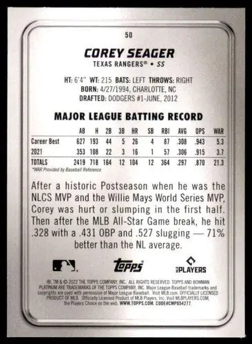 2022 Bowman Platinum #50 Corey Seager NM-MT Rangers ID:51738 - Baseball Card Single