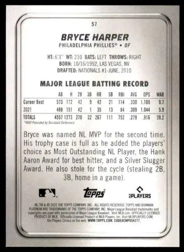 Original gloss Bowman Platinum Bryce Harper baseball card from 2022 NM Near Mint Phillies