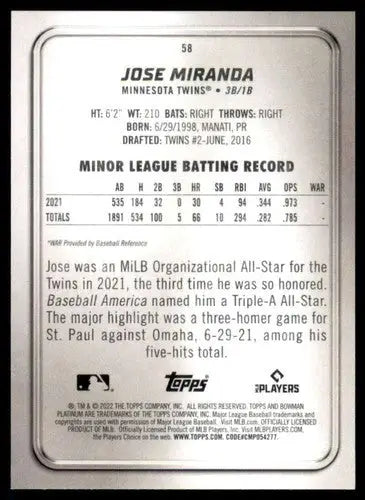 2022 Bowman Platinum #58 Jose Miranda NM Near Mint RC Rookie Twins ID:66903 - Baseball Card Single