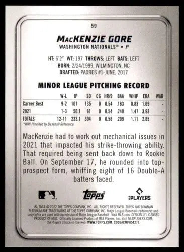 Original gloss Bowman Platinum MacKenzie Gore rookie card back with minor league stats and 2021 season summary