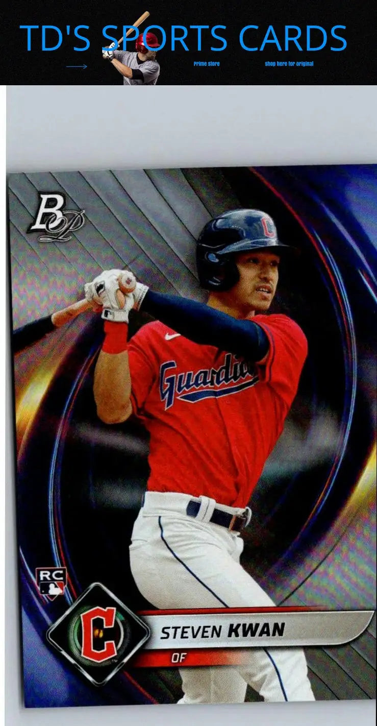 Steven Kwan baseball card from 2022 Bowman Platinum product display