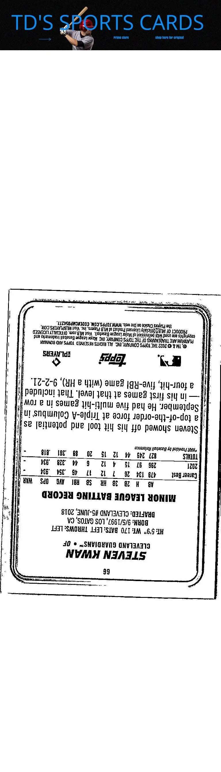 Baseball card back featuring Steven Kwan from 2022 Bowman Platinum series