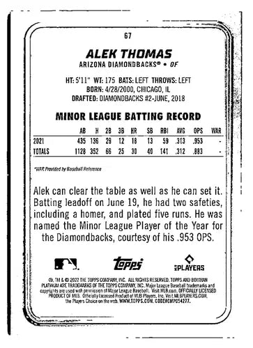 2022 Bowman Platinum #67 Alek Thomas EX/NM RC Rookie Diamondbacks ID:51725 - Baseball Card Single