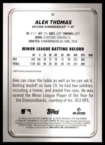 2022 Bowman Platinum #67 Alek Thomas NM-MT RC Rookie Diamondbacks ID:51723 - Baseball Card Single