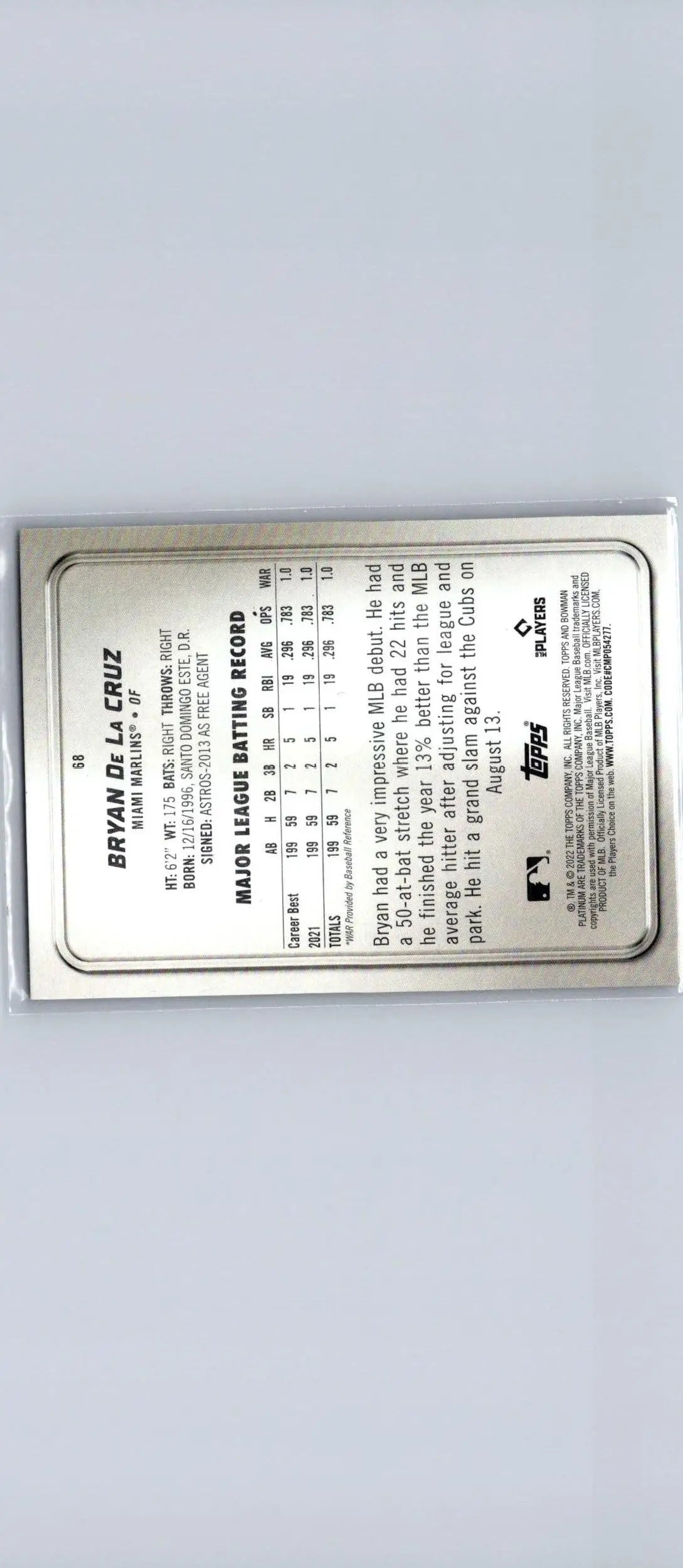 2022 Bowman Platinum #68 Bryan De La Cruz baseball card in protective sleeve