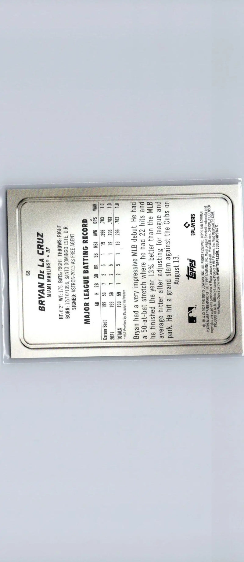 2022 Bowman Platinum #68 Bryan De La Cruz baseball card in protective sleeve