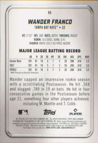 Wander Franco baseball card back with original gloss from 2022 Bowman Platinum series