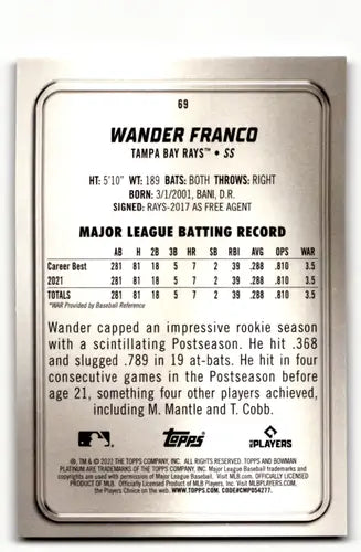 2022 Bowman Platinum Wander Franco baseball card back with original gloss and rookie details