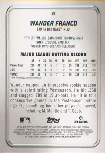 2022 Bowman Platinum #69 Wander Franco NM-MT RC Rookie Rays ID:67795 - Baseball Card Single