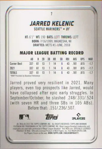 2022 Bowman Platinum #7 Jarred Kelenic NM-MT Mariners ID:51769 - Baseball Card Single