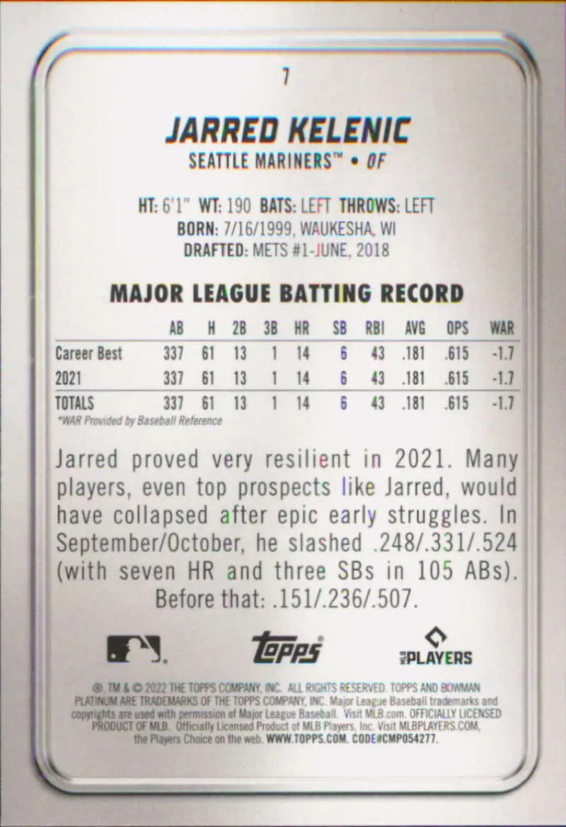 2022 Bowman Platinum #7 Jarred Kelenic NM Near Mint Mariners ID:66710 - Baseball Card Single
