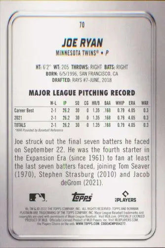 2022 Bowman Platinum #70 Joe Ryan NM-MT RC Rookie Twins ID:67796 - Baseball Card Single