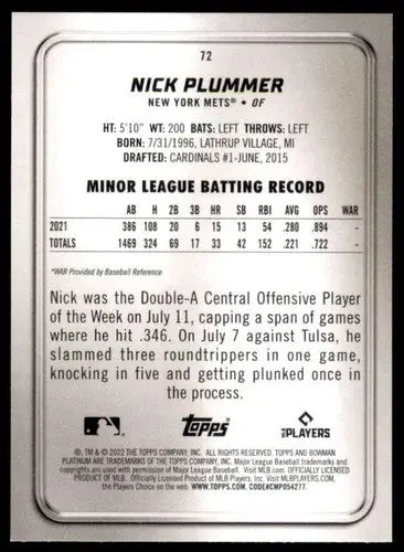 2022 Bowman Platinum #72 Nick Plummer NM-MT RC Rookie Mets ID:51704 - Baseball Card Single