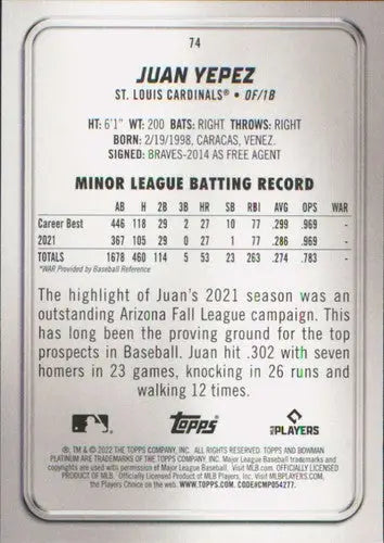 Back of 2022 Bowman Platinum Juan Yepez rookie card with minor league stats and 2021 highlight