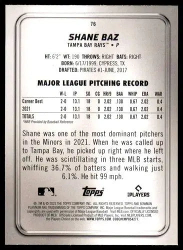 2022 Bowman Platinum #76 Shane Baz NM-MT RC Rookie Rays ID:67798 - Baseball Card Single