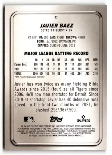 2022 Bowman Platinum #77 Javier Baez NM Near Mint Tigers ID:49959 - Baseball Card Single