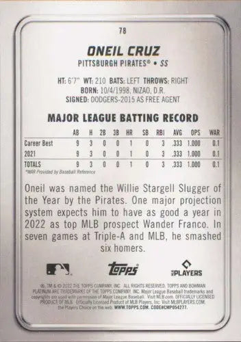 2022 Bowman Platinum #78 Oneil Cruz NM-MT RC Rookie Pirates ID:51711 - Baseball Card Single