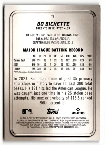 2022 Bowman Platinum #79 Bo Bichette EX/NM Blue Jays ID:49961 - Baseball Card Single