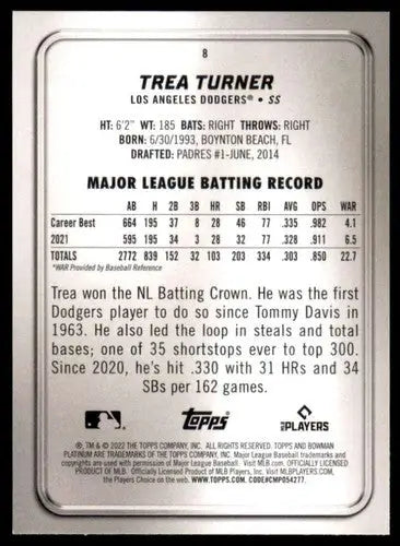 Original gloss Trea Turner baseball card from 2022 Bowman Platinum series